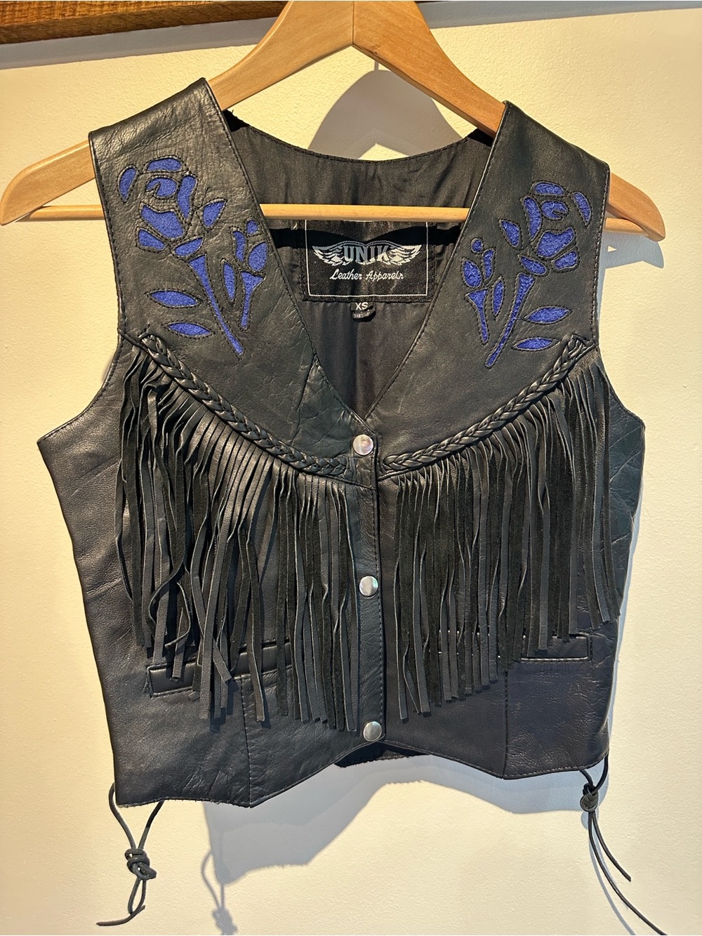 Unik Black Leather Fringe Vest with Blue Rose Appliqué